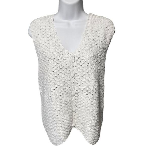 VTG Jenny Crochet Cardigan Sweater Vest Large Button Down Textured Ivory Boho - Picture 2 of 6